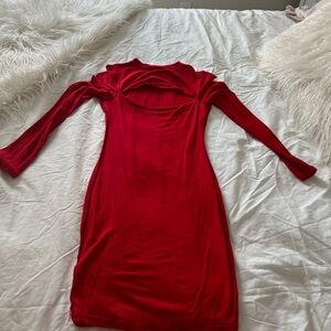 Peep-chest Red Long Sleeve Dress